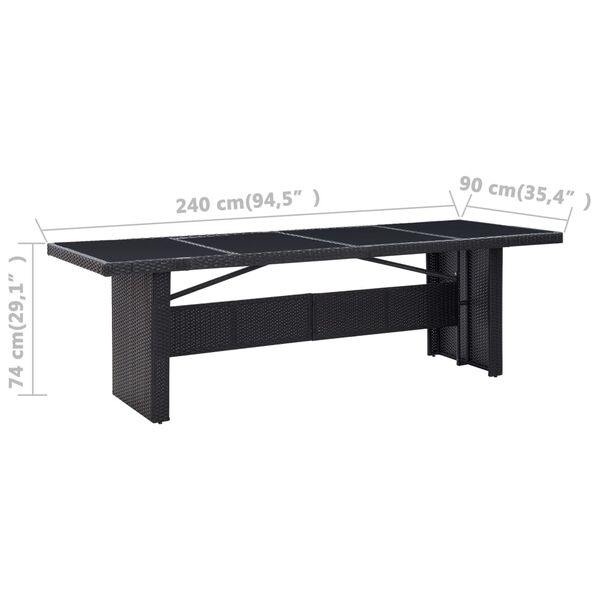 vidaXL Mesa de jardim 240x90x74 cm vime PE e vidro preto