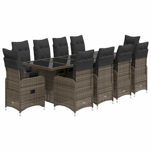 vidaXL 11 pcs conjunto bistr&ocirc; de jardim c/ almofad&otilde;es vime PE cinzento
