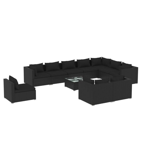 vidaXL 11 pcs conjunto lounge de jardim c/ almofad&otilde;es vime PE preto