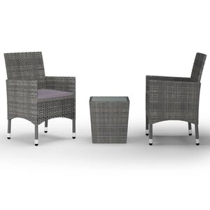vidaXL 3 pcs conjunto bistr&ocirc; vime PE e vidro temperado cinzento