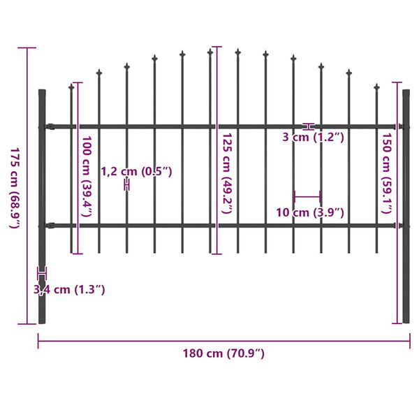 vidaXL Cerca de jardim com ponta de lança em aço 181x125 cm, preta