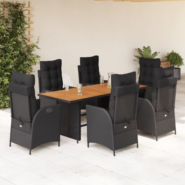 vidaXL 7 pcs conjunto de jantar p/ jardim c/ almofad&otilde;es vime PE preto
