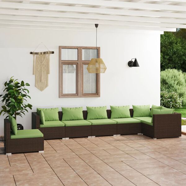 vidaXL 7 pcs conjunto lounge de jardim c/ almofadões vime PE castanho