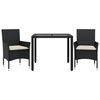 vidaXL 3 pcs conjunto jantar jardim c/ almofad&otilde;es vime PE/vidro preto