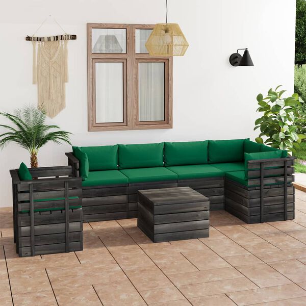 vidaXL 7 pcs conjunto lounge de paletes com almofad&otilde;es pinho maci&ccedil;o