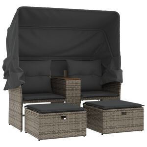 vidaXL Sof&aacute; de jardim de 2 lugares com toldo e bancos vime PE cinzento