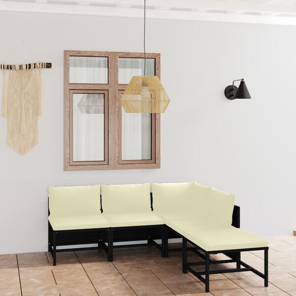 vidaXL 5 pcs conjunto lounge de jardim c/ almofad&otilde;es vime PE preto