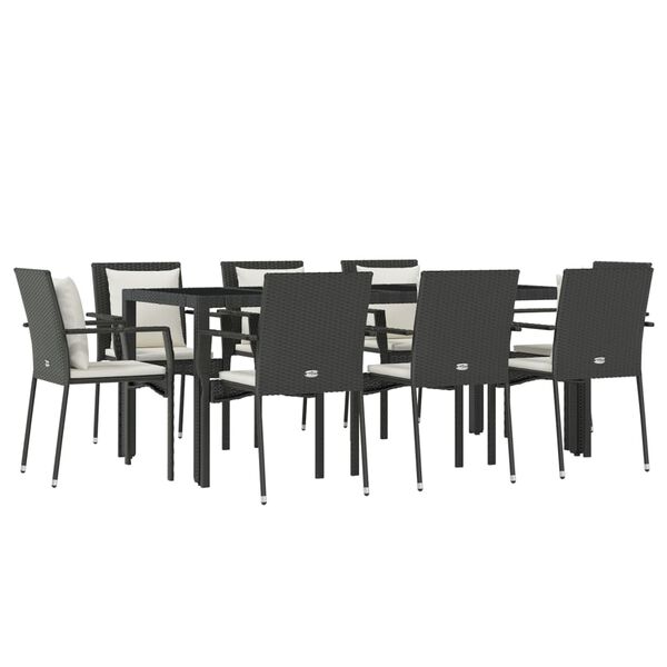 vidaXL 9 pcs conjunto de jantar p/ jardim c/ almofad&otilde;es vime PE preto