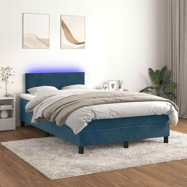 vidaXL Cama box spring colch&atilde;o LED 120x190cm couro artif. azul-escuro