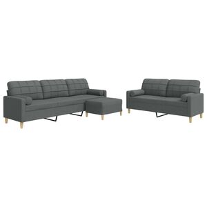 vidaXL 3pcs conjunto sof&aacute;s c/ almofad&otilde;es/apoio p&eacute;s tecido cinza-escuro