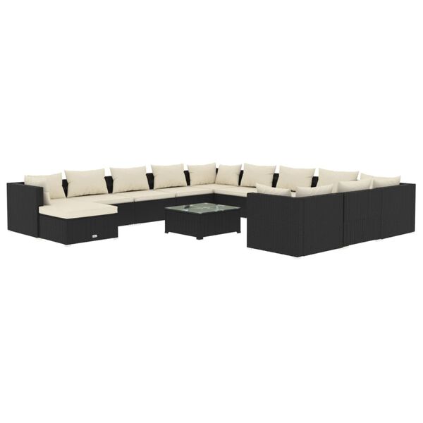 vidaXL 13 pcs conjunto lounge de jardim c/ almofad&otilde;es vime PE preto