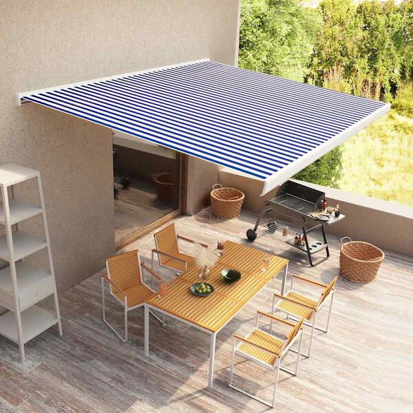 vidaXL Toldo motorizado com caixa 500x300 cm azul e branco