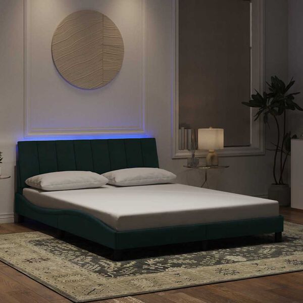 vidaXL Estrutura de cama com LED sem colch&atilde;o Hanko 160x200 cm veludo verde-escuro