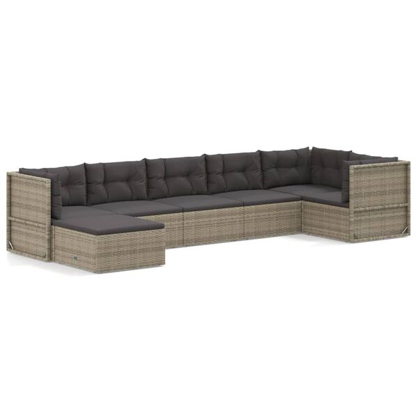 vidaXL 7 pcs conjunto lounge de jardim c/ almofad&otilde;es vime PE cinzento