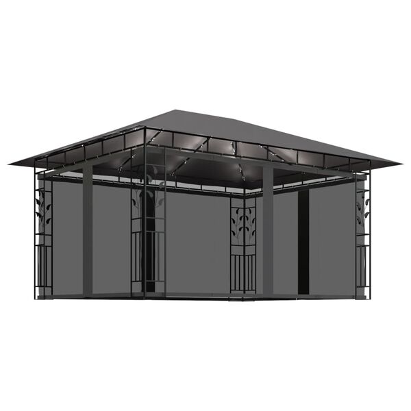 vidaXL Gazebo c/ mosquiteiro e cordões luzes LED 4x3x2,73m antracite