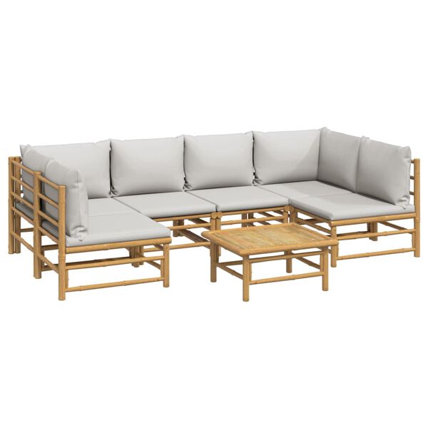 vidaXL 7 pcs conj. lounge de jardim bambu c/ almofadões cinzento-claro