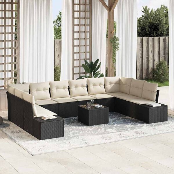 vidaXL Conjunto de Sof&aacute; de Jardim com almofada 11 pcs Preto e Creme