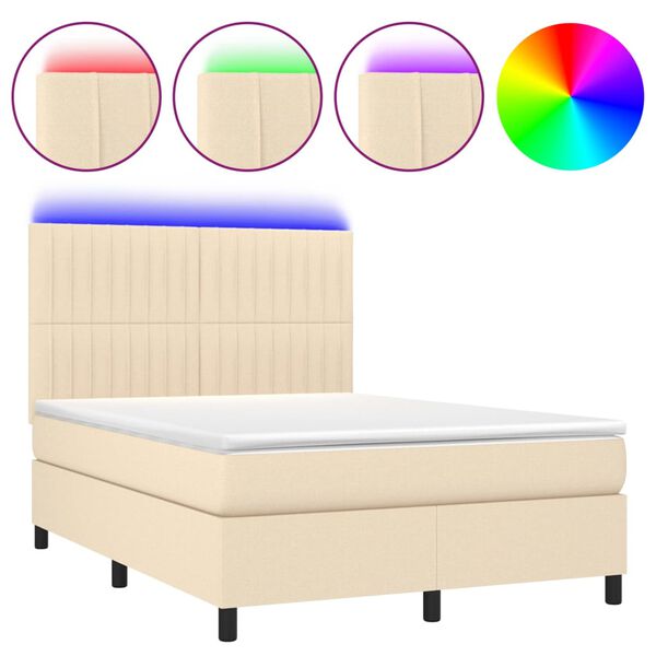 vidaXL Cama box spring c/ colch&atilde;o e LED 140x200 cm tecido cor creme
