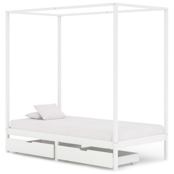 vidaXL Estrutura cama dossel 2 gavetas 100x200cm pinho maci&ccedil;o branco