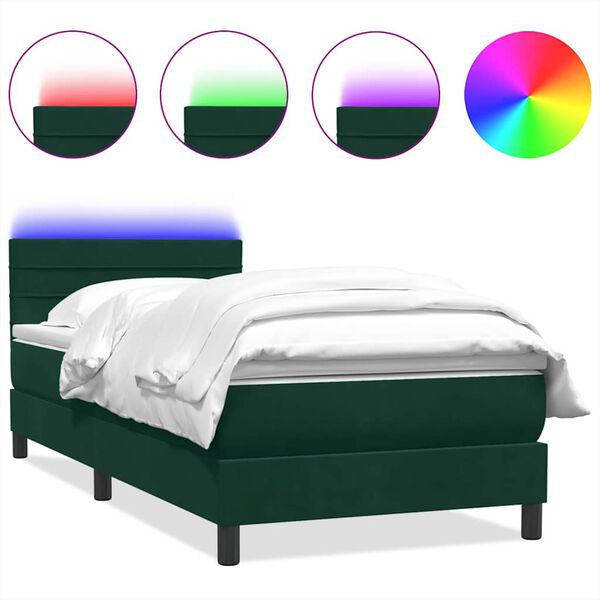 vidaXL Cama box spring c/ colch&atilde;o e LED verde-escuro 80x220 cm veludo