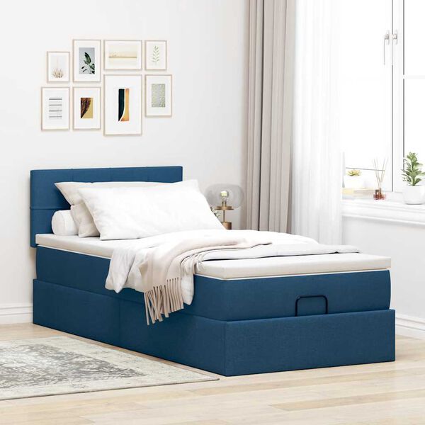 vidaXL Cama Otomana com Colch&atilde;o & LEDs Tecido Azul 100x200 cm
