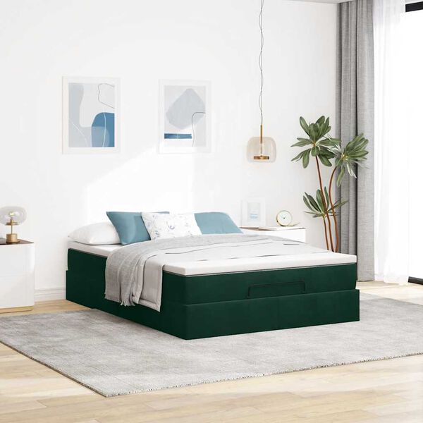vidaXL Estrutura de cama otomana com colch&atilde;o 140x200 cm verde escuro