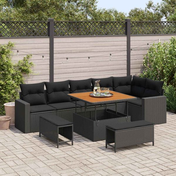 vidaXL Conjunto de Sof&aacute; de Jardim 9 pcs Preto vime PE