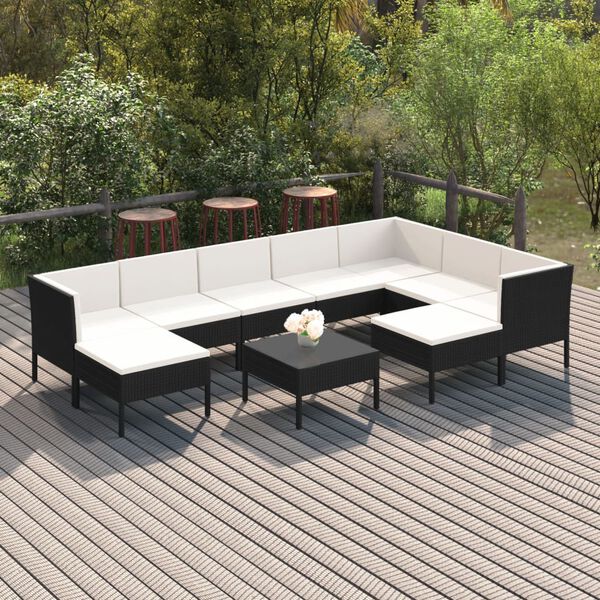 vidaXL 10 pcs conjunto lounge de jardim c/ almofad&otilde;es vime PE preto