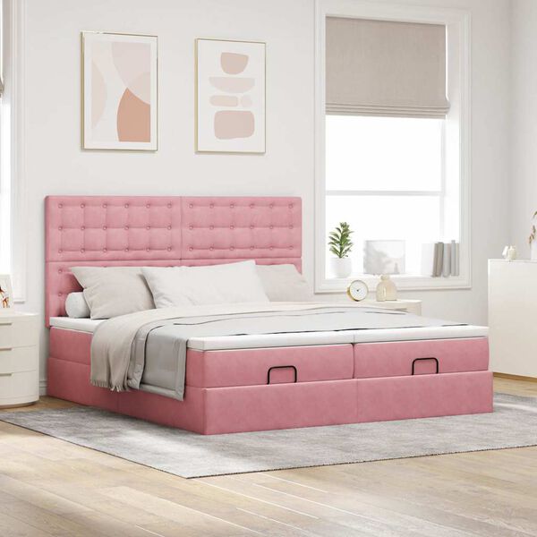 moldura de cama otomana vidaXL com colch&atilde;o rosa 200x200cm Veludo