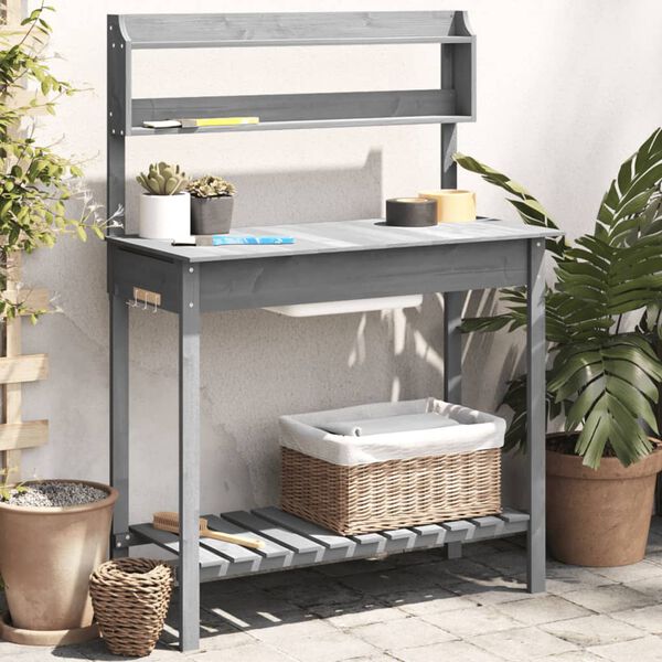 vidaXL Mesa de cultivo com pia 147,5x44x139,5 cm abeto maci&ccedil;o cinzento