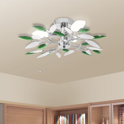 Lâmpada teto com folhas de acrílico e cristal branco & verde, 3 E14