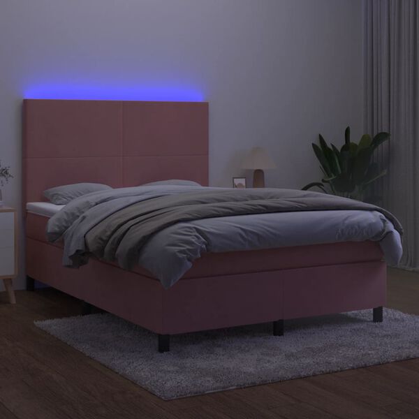 vidaXL Cama box spring c/ colch&atilde;o/LED 140x200 cm veludo rosa