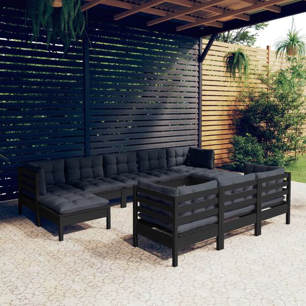 vidaXL 10 pcs conjunto lounge jardim c/ almofad&otilde;es pinho maci&ccedil;o preto