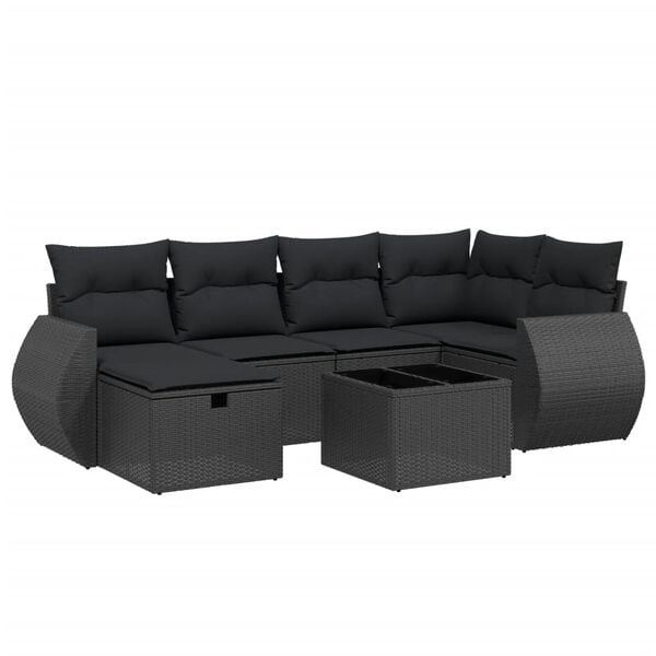 vidaXL 7 pcs conjunto de sof&aacute;s p/ jardim c/ almofad&otilde;es vime PE preto