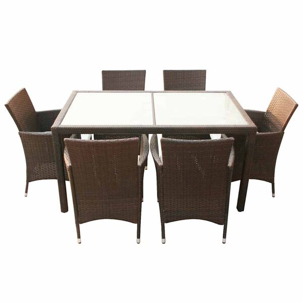 vidaXL 7 pcs conjunto jantar exterior com almofad&otilde;es vime PE castanho