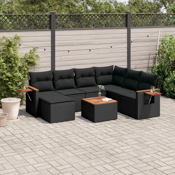 vidaXL 8 pcs conjunto sof&aacute;s de jardim com almofad&otilde;es vime PE preto