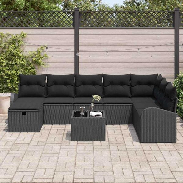 vidaXL Conjunto de Sof&aacute; de Jardim 9 pcs Preto Rattan Sint&eacute;tico