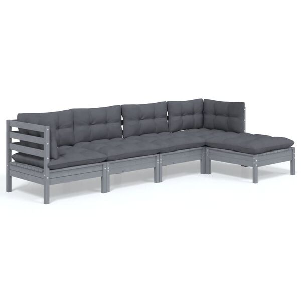 vidaXL 5 pcs conjunto lounge de jardim c/ almofad&otilde;es pinho cinza