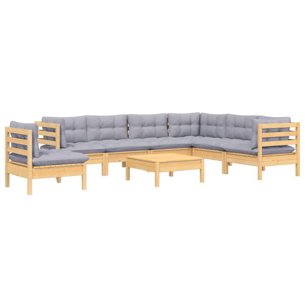 vidaXL 8 pcs conjunto lounge de jardim + almofad&otilde;es cinza pinho maci&ccedil;o