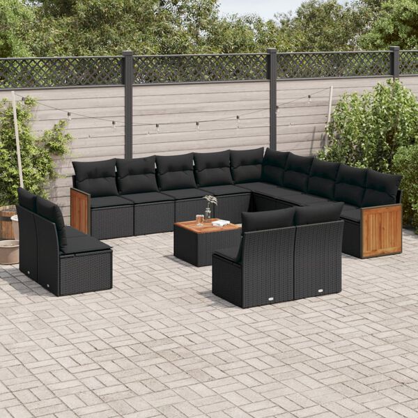 vidaXL 14 pcs conjunto de sof&aacute;s p/ jardim c/ almofad&otilde;es vime PE preto