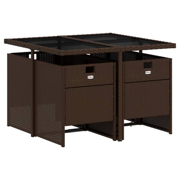 vidaXL 5 pcs conjunto jantar p/ jardim c/ almofadões vime PE castanho