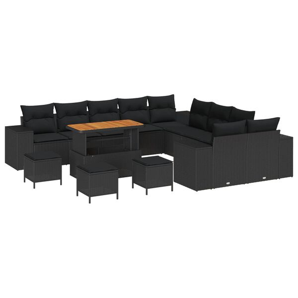 vidaXL Conjunto de Sof&aacute; de Jardim com almofada 14 pcs Preto vime PE