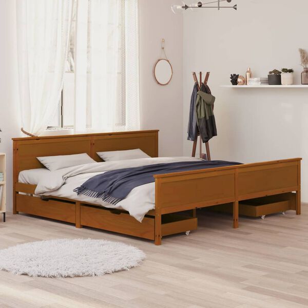 vidaXL Estrutura cama c/ 4 gavetas 180x200cm pinho maci&ccedil;o castanho mel