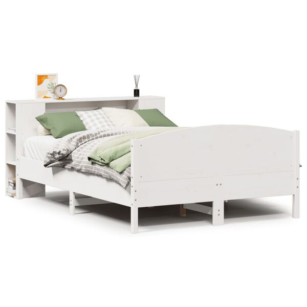 vidaXL Cama com estante sem colch&atilde;o 135x190 cm pinho maci&ccedil;o branco