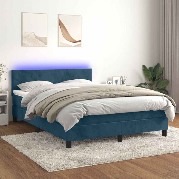 vidaXL Cama box spring c/ colch&atilde;o/LED 140x190 cm veludo azul-escuro