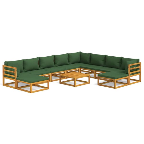 vidaXL 11 pcs conj. lounge jardim madeira c/almofad&otilde;es verdes