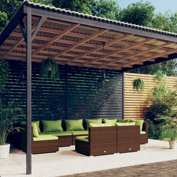 vidaXL 9 pcs conjunto lounge de jardim c/ almofad&otilde;es vime PE castanho