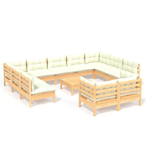 vidaXL 12 pcs conjunto lounge jardim c/ almofad&otilde;es creme pinho maci&ccedil;o