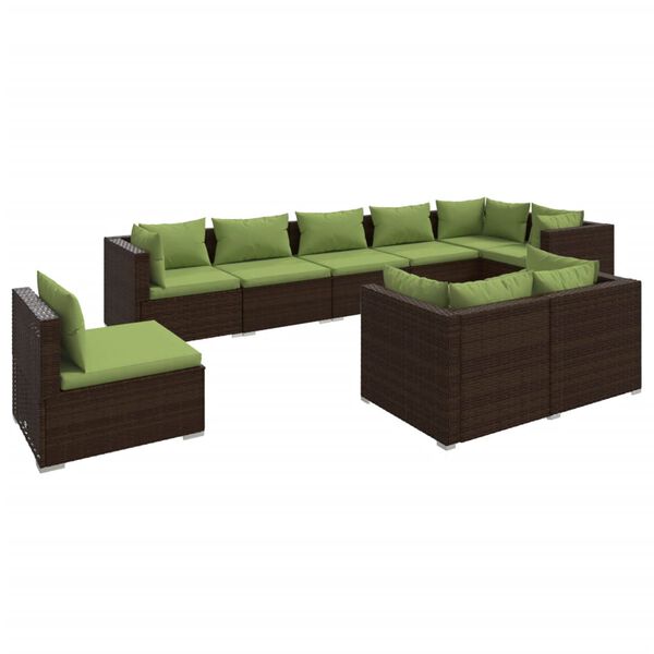 vidaXL 9 pcs conjunto lounge de jardim c/ almofad&otilde;es vime PE castanho