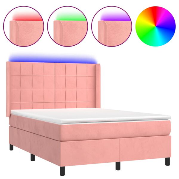 vidaXL Cama box spring c/ colch&atilde;o/LED 140x200 cm veludo rosa
